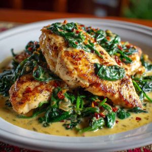 Pan-seared chicken breasts in a creamy spinach sauce, garnished with parmesan and served over pasta.