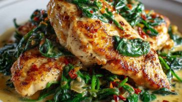 Pan-seared chicken breasts in a creamy spinach sauce, garnished with parmesan and served over pasta.