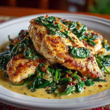 Pan-seared chicken breasts in a creamy spinach sauce, garnished with parmesan and served over pasta.