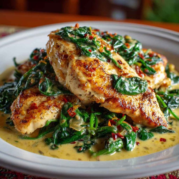 Pan-seared chicken breasts in a creamy spinach sauce, garnished with parmesan and served over pasta.