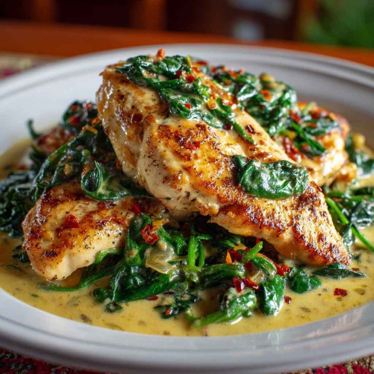 Pan-seared chicken breasts in a creamy spinach sauce, garnished with parmesan and served over pasta.