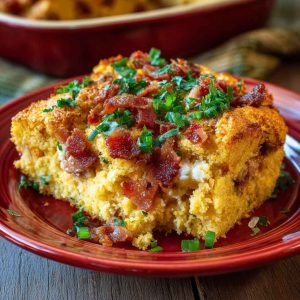 A golden baked cornbread casserole loaded with cheese, corn, jalapeños, and crispy bacon, served in a rustic dish.