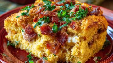 A golden baked cornbread casserole loaded with cheese, corn, jalapeños, and crispy bacon, served in a rustic dish.