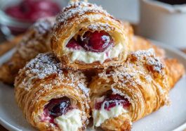 Golden, flaky croissants filled with cherry pie filling and cream cheese, drizzled with icing and served on a white plate.