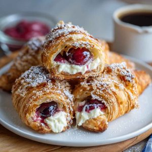 Golden, flaky croissants filled with cherry pie filling and cream cheese, drizzled with icing and served on a white plate.