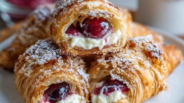 Golden, flaky croissants filled with cherry pie filling and cream cheese, drizzled with icing and served on a white plate.