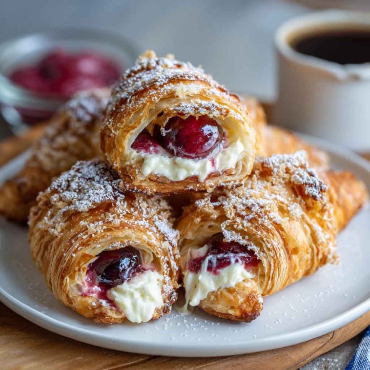 Golden, flaky croissants filled with cherry pie filling and cream cheese, drizzled with icing and served on a white plate.