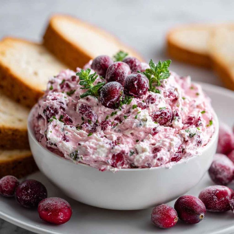 A creamy block of cranberry cream cheese spread topped with ruby-red cranberry sauce and fresh rosemary, served with crackers.