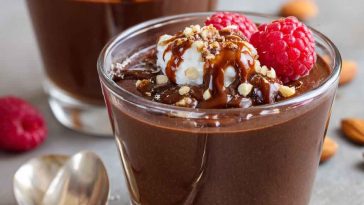 Glass jar of healthy chocolate pudding topped with berries and a sprinkle of cacao nibs.