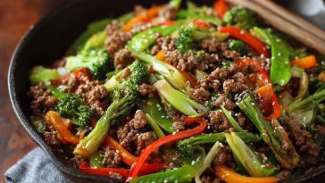 A skillet filled with ground beef stir fry, colorful bell peppers, broccoli, and sesame seeds in a savory sauce.