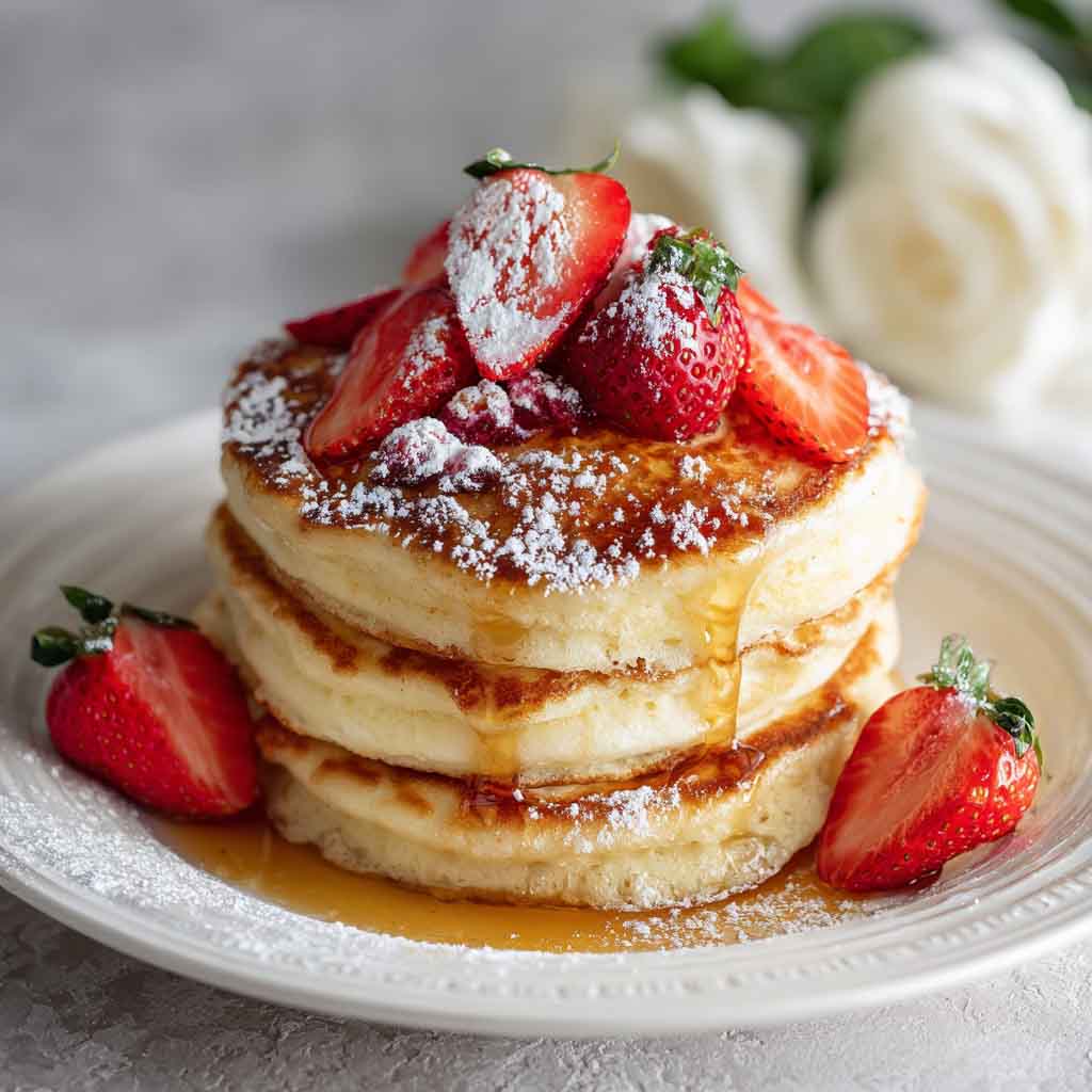 A stack of golden fluffy pancakes topped with melting butter, maple syrup, and fresh berries.