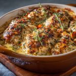Golden baked herb chicken casserole with fresh herbs and vegetables in a rustic baking dish.