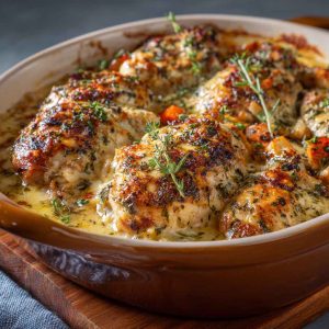 Golden baked herb chicken casserole with fresh herbs and vegetables in a rustic baking dish.