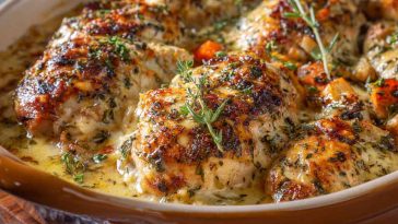 Golden baked herb chicken casserole with fresh herbs and vegetables in a rustic baking dish.