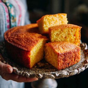 A golden slice of sweet potato butter cake with a moist crumb, topped with a buttery glaze and served on a vintage plate.