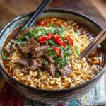 A steaming bowl of slow cooker beef ramen noodles with tender shredded beef, rich broth, scallions, and soft-boiled eggs.