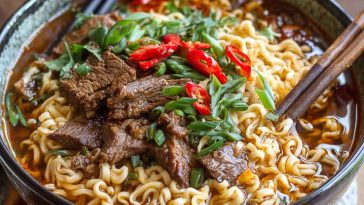 A steaming bowl of slow cooker beef ramen noodles with tender shredded beef, rich broth, scallions, and soft-boiled eggs.