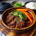 Tender Korean-style pot roast in a braising sauce with carrots, onions, and sesame garnish.