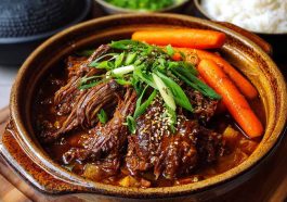 Tender Korean-style pot roast in a braising sauce with carrots, onions, and sesame garnish.