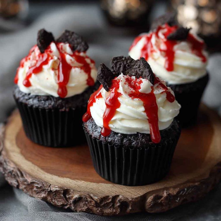 Halloween vampire bite cupcakes with white frosting, red filling oozing from fang marks, and spooky decor.