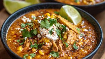 A bowl of creamy street corn chicken chili topped with cotija cheese, cilantro, and lime wedges, served with tortilla chips.