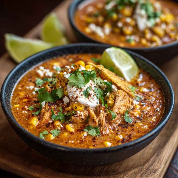 A bowl of creamy street corn chicken chili topped with cotija cheese, cilantro, and lime wedges, served with tortilla chips.