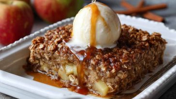 Baked oatmeal with apple chunks and cinnamon in a rustic dish, topped with oats and golden edges.