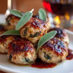 Golden turkey meatballs with apple and sage served on a rustic plate with herbs and cider glaze.