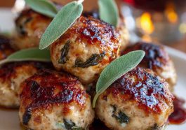 Golden turkey meatballs with apple and sage served on a rustic plate with herbs and cider glaze.