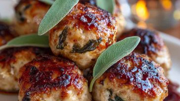 Golden turkey meatballs with apple and sage served on a rustic plate with herbs and cider glaze.