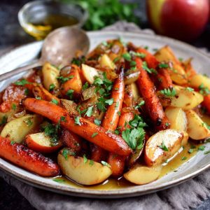 Autumn Bliss maple dijon roasted apples and carrots on a rustic baking tray, caramelized and garnished with fresh herbs.