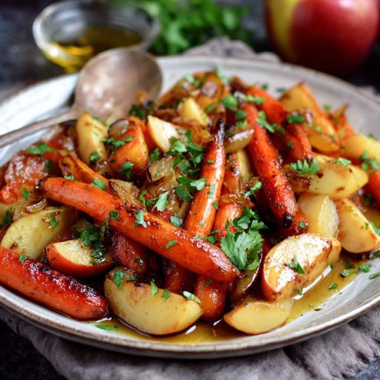 Autumn Bliss maple dijon roasted apples and carrots on a rustic baking tray, caramelized and garnished with fresh herbs.