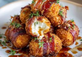 Crispy bacon-wrapped cheese balls stacked