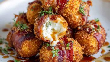 Crispy bacon-wrapped cheese balls stacked
