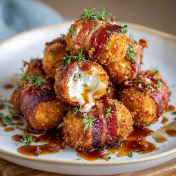 Crispy bacon-wrapped cheese balls stacked