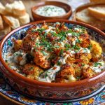 Roasted Moroccan cauliflower drizzled with creamy tahini-honey sauce, garnished with fresh herbs and spices.