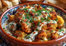 Roasted Moroccan cauliflower drizzled with creamy tahini-honey sauce, garnished with fresh herbs and spices.