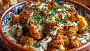 Roasted Moroccan cauliflower drizzled with creamy tahini-honey sauce, garnished with fresh herbs and spices.