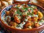 Roasted Moroccan cauliflower drizzled with creamy tahini-honey sauce, garnished with fresh herbs and spices.