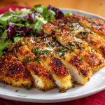 Crispy chicken cutlets topped with creamy Caesar dressing, Parmesan cheese, and fresh romaine served on a rustic plate.