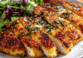 Crispy chicken cutlets topped with creamy Caesar dressing, Parmesan cheese, and fresh romaine served on a rustic plate.