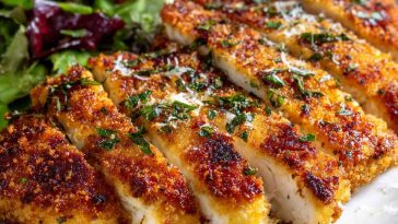 Crispy chicken cutlets topped with creamy Caesar dressing, Parmesan cheese, and fresh romaine served on a rustic plate.