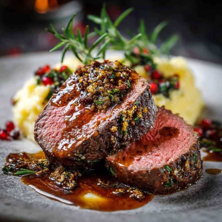 Juicy million dollar tenderloin roasted to perfection, sliced and served with herbs and a rich sauce.