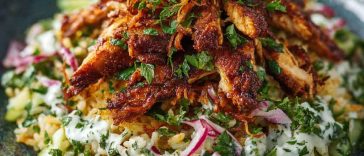 Chicken shawarma crispy rice salad with spiced chicken, golden crispy rice, fresh herbs, and tangy dressing served in a bowl.