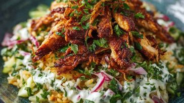 Chicken shawarma crispy rice salad with spiced chicken, golden crispy rice, fresh herbs, and tangy dressing served in a bowl.