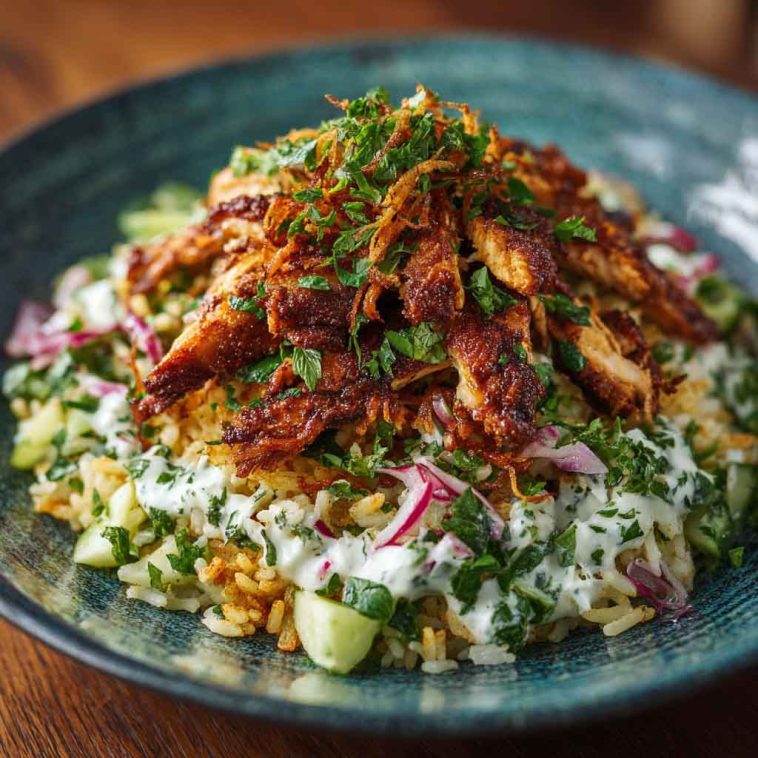 Chicken shawarma crispy rice salad with spiced chicken, golden crispy rice, fresh herbs, and tangy dressing served in a bowl.