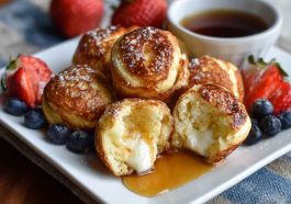 Golden, bite-sized pancake poppers served in a bowl with fresh berries and maple syrup drizzle.