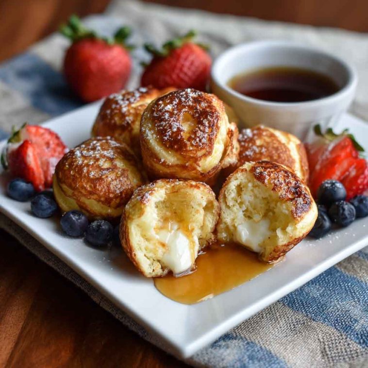 Golden, bite-sized pancake poppers served in a bowl with fresh berries and maple syrup drizzle.