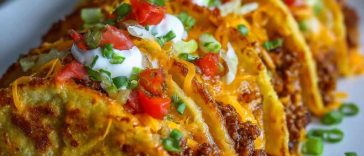 "A tray of oven-baked cheesy tacos filled with seasoned beef, melted cheese, and fresh toppings."