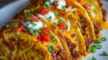 "A tray of oven-baked cheesy tacos filled with seasoned beef, melted cheese, and fresh toppings."